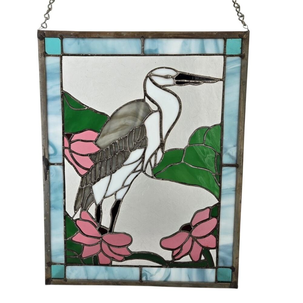 Handmade Studio Stained Glass Heron Bird Flower Hanging Window Sun Catcher Panel